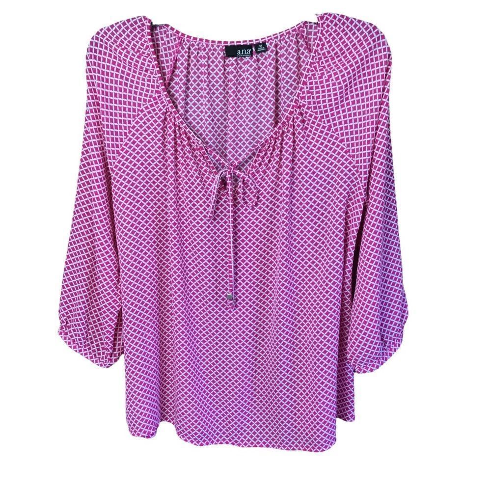 a.n.a. Blouse Tunic Pink White Print Tie Front 3/4 Length Sleeves Medium - Picture 11 of 11